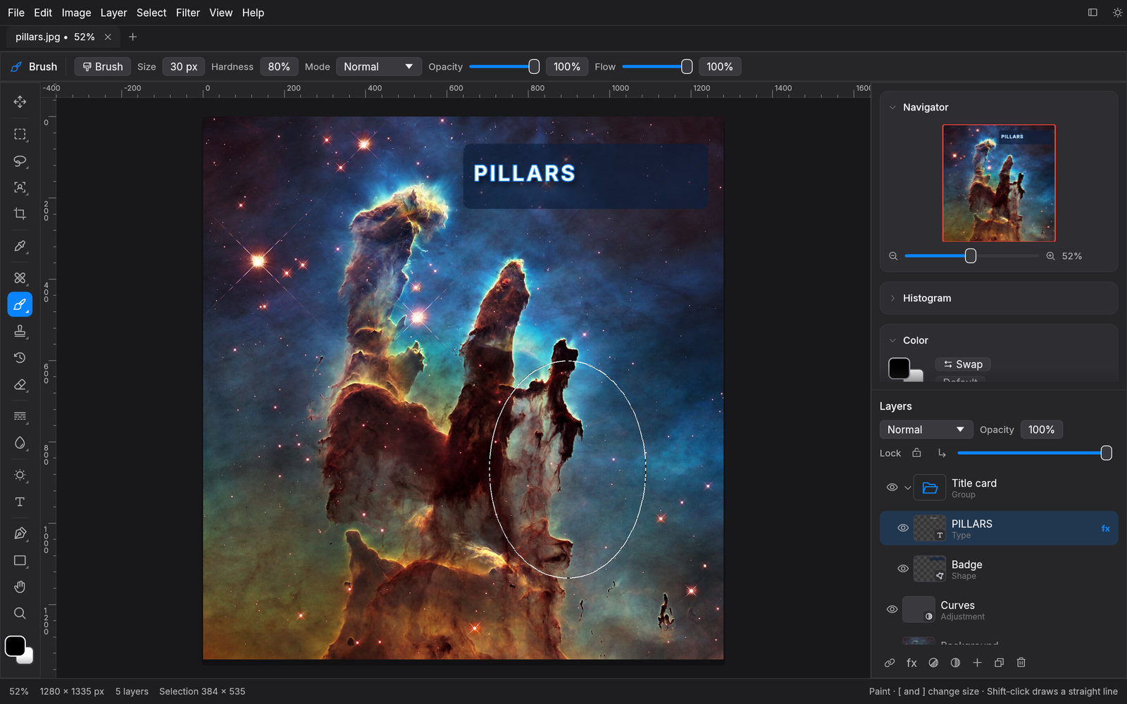 Pillars of Creation open in Photo Studio's dark theme with a group, a type layer and a Curves adjustment