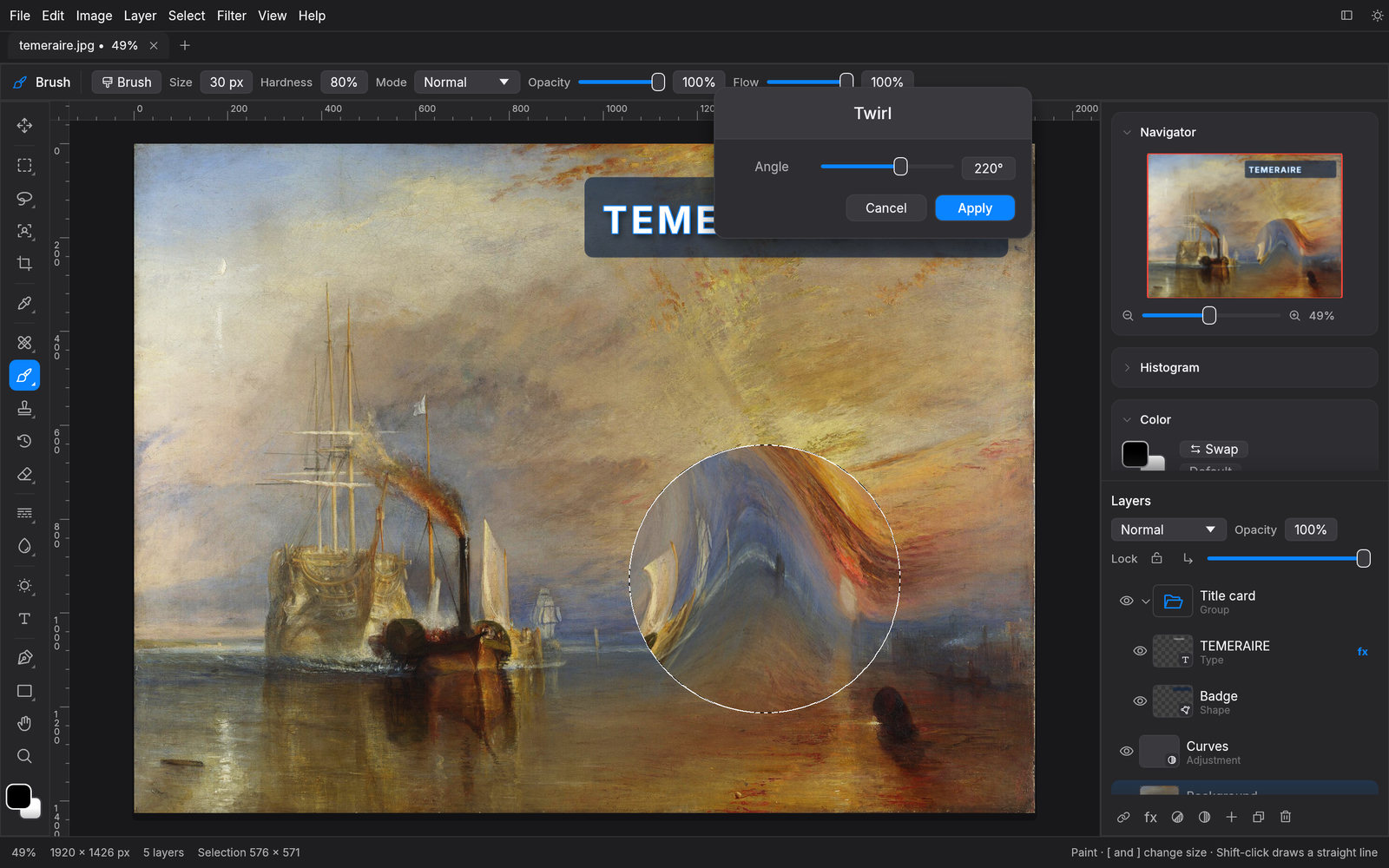 Photo Studio editing Turner's The Fighting Temeraire: a Twirl filter previewing inside an elliptical selection, a grouped type layer with layer styles, rulers, and the Layers panel