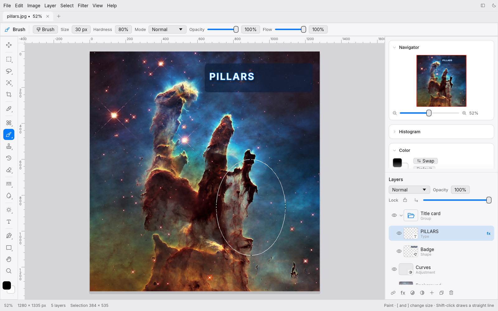 Light theme with Hubble's Pillars of Creation, a grouped type layer, a shape layer and a Curves adjustment layer