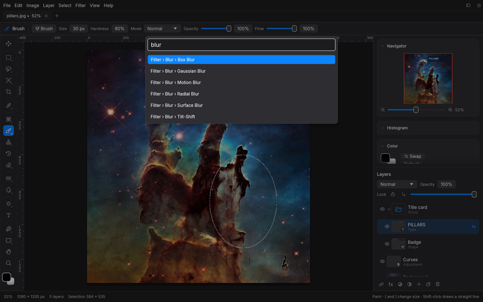 The command palette listing blur filters
