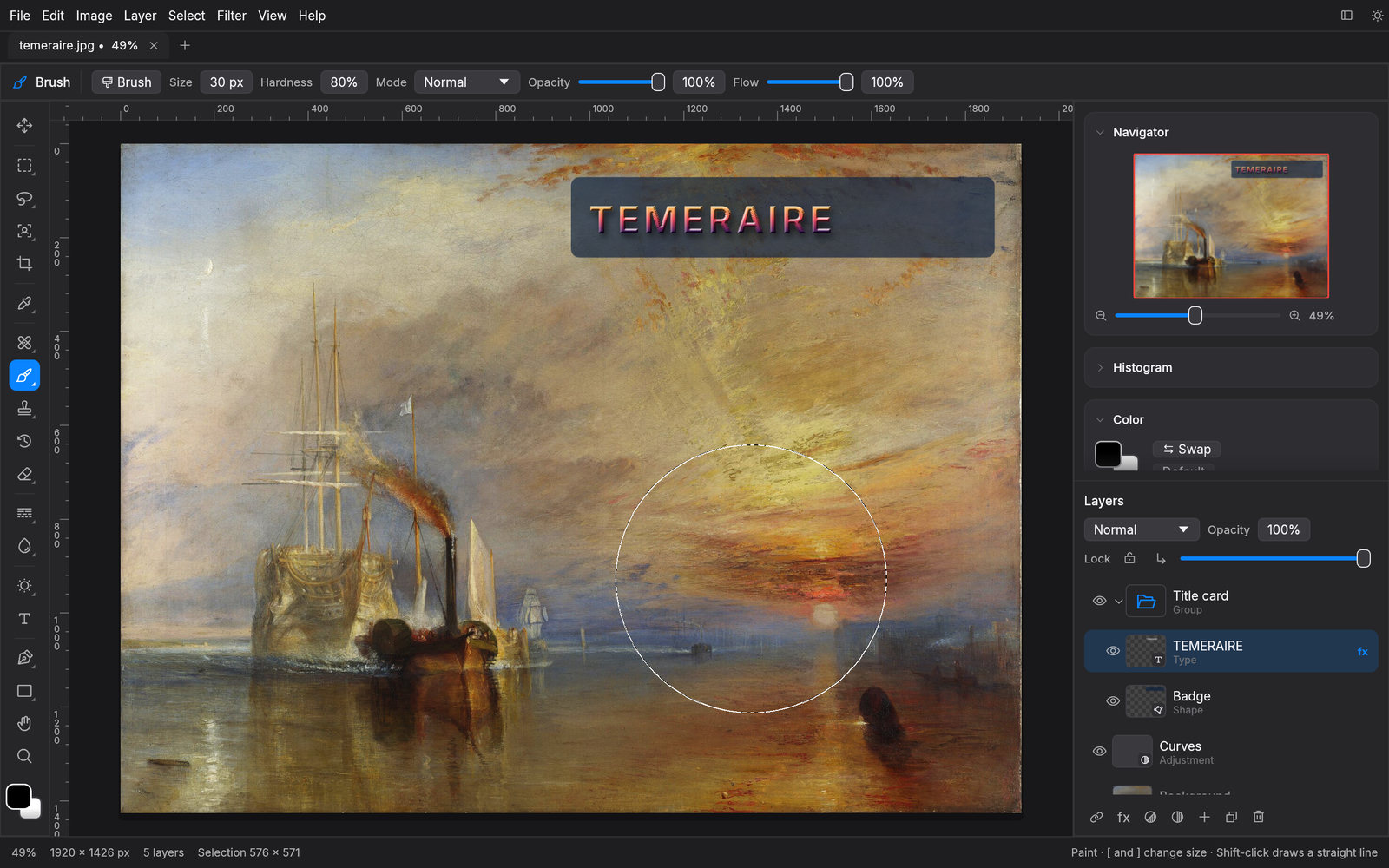 A type layer with Bevel & Emboss and a sunset Gradient Overlay over The Fighting Temeraire